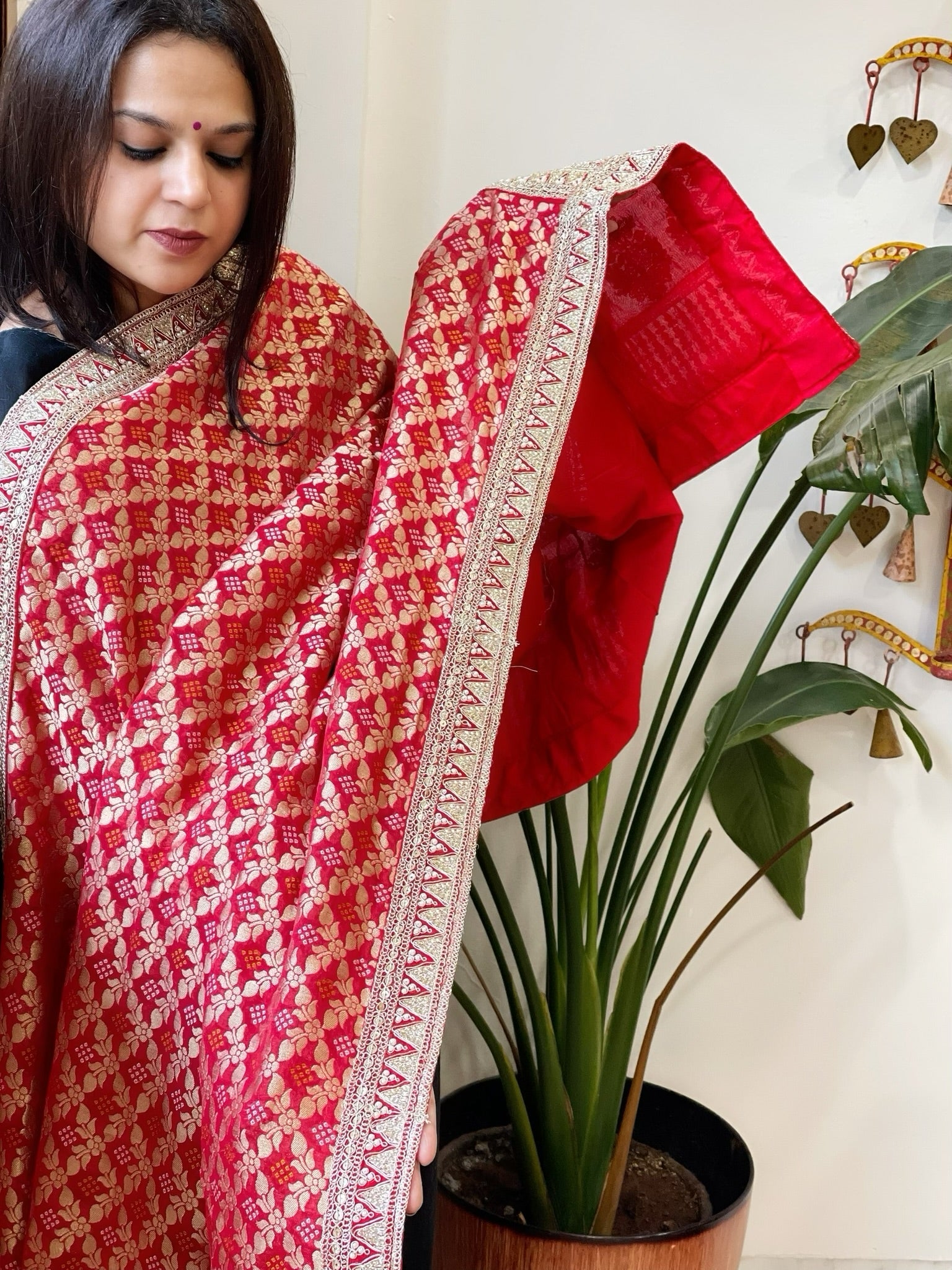 Red Woven Bandhej Banarasi Dupatta in Fine Georgette with Zardosi Work - Masakalee