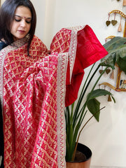 Red Woven Bandhej Banarasi Dupatta in Fine Georgette with Zardosi Work - Masakalee