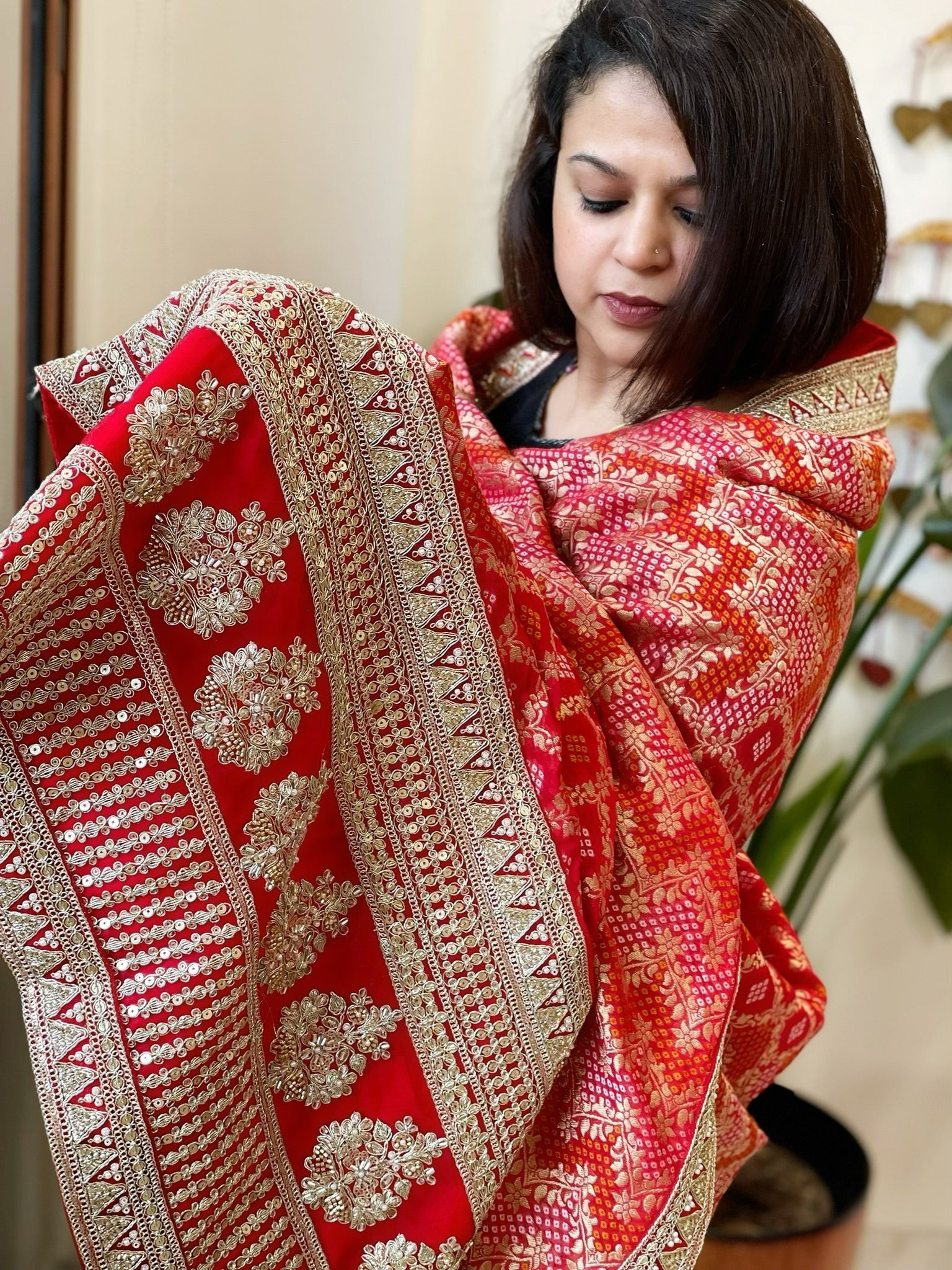 Red Woven Bandhej Banarasi Dupatta in Fine Georgette with Zardosi Work - Masakalee