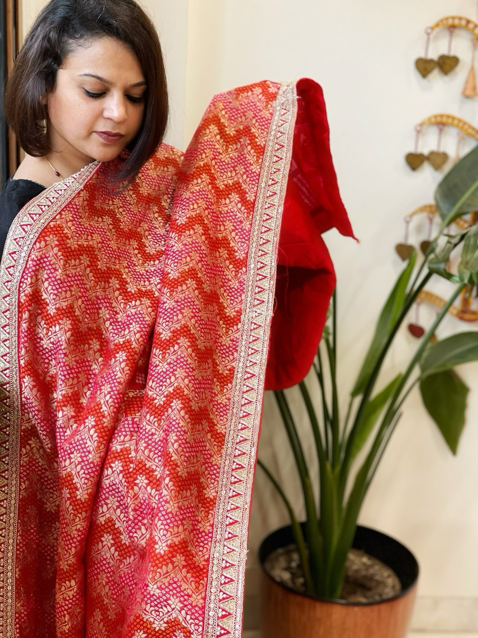 Red Woven Bandhej Banarasi Dupatta in Fine Georgette with Zardosi Work - Masakalee