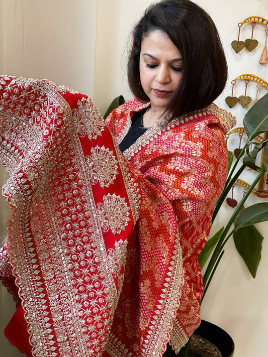 Red Woven Bandhej Banarasi Dupatta in Fine Georgette with Zardosi Work - Masakalee