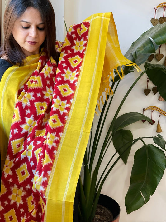 Red, Yellow Double Ikat Telia Rumal Dupatta in Cotton - Masakalee