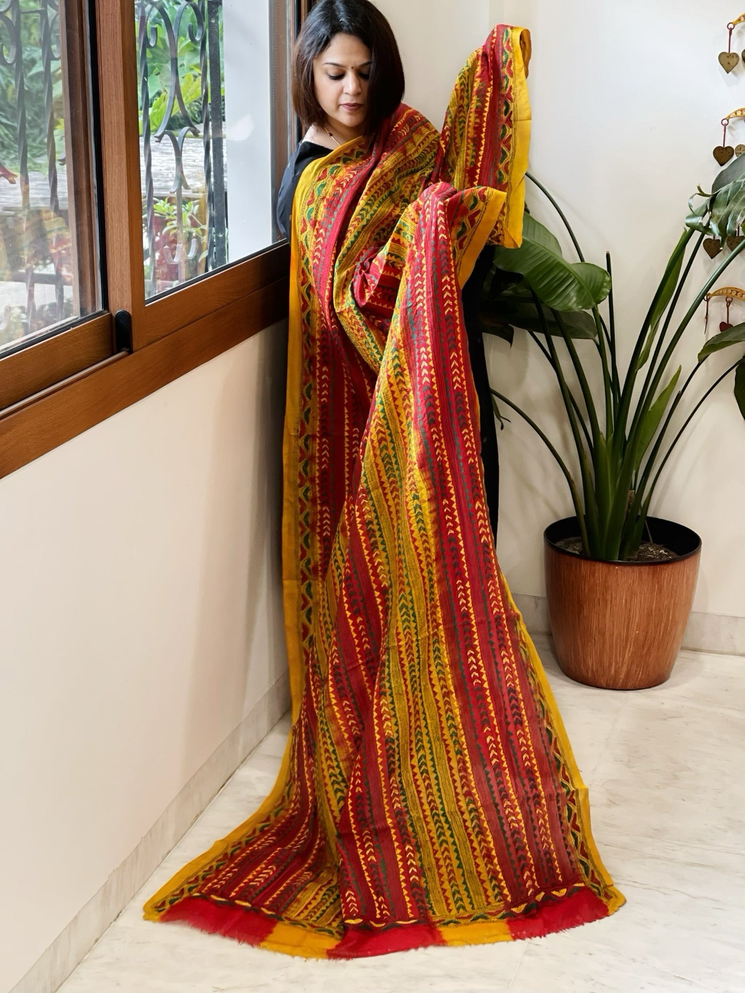 Red, Yellow Handmade Kantha Dupatta in Silk - Masakalee