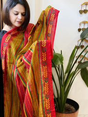 Red, Yellow Handmade Kantha Dupatta in Silk - Masakalee
