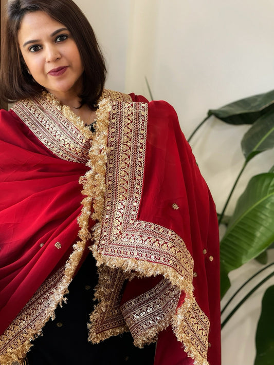 Reddish Maroon Chiffon Georgette Dupatta with Sequin Buta and Heavy Embroidered Border - Masakalee