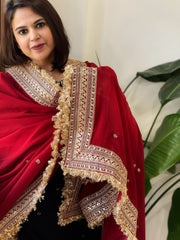 Reddish Maroon Chiffon Georgette Dupatta with Sequin Buta and Heavy Embroidered Border - Masakalee