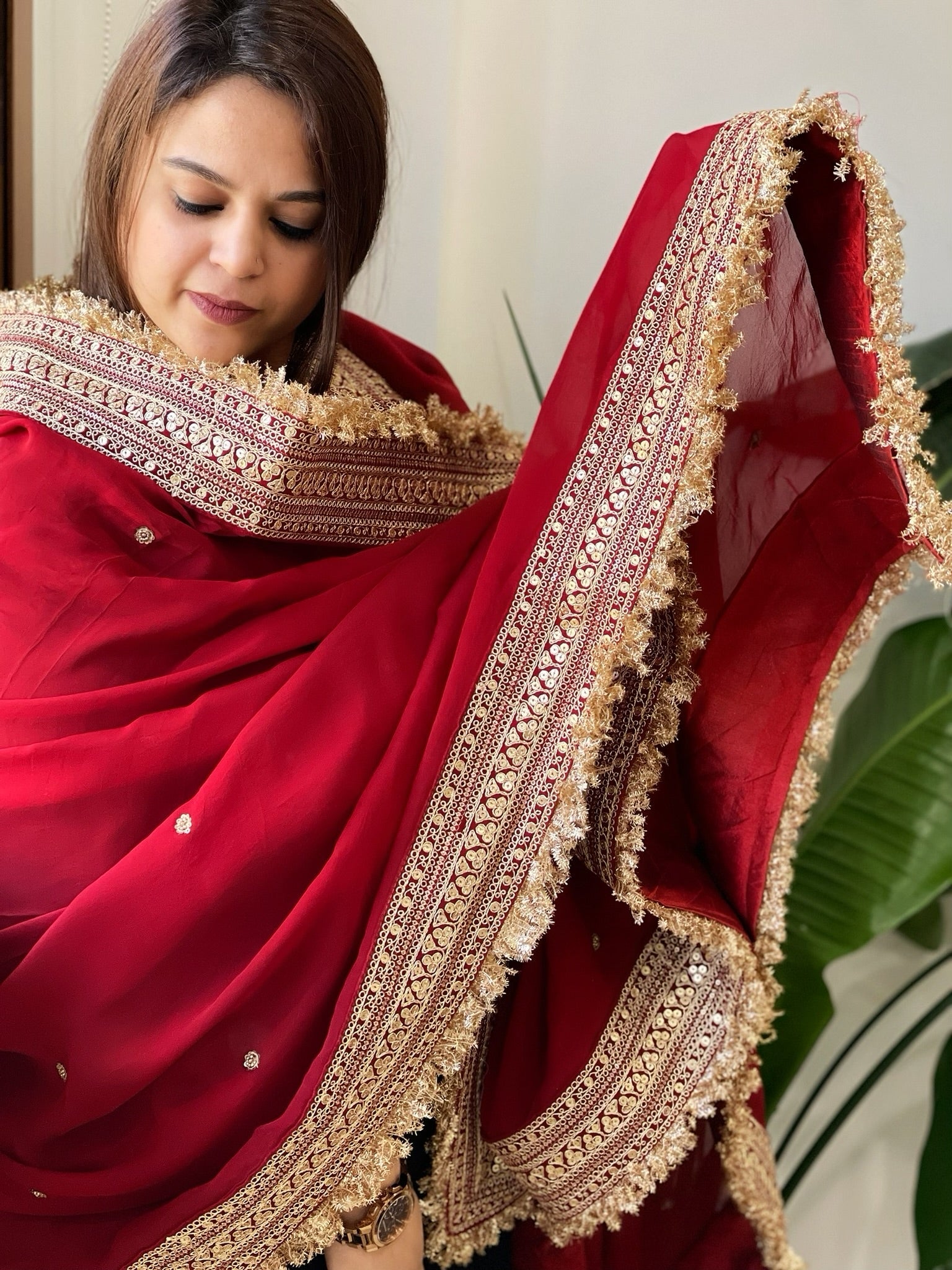 Reddish Maroon Chiffon Georgette Dupatta with Sequin Buta and Heavy Embroidered Border - Masakalee