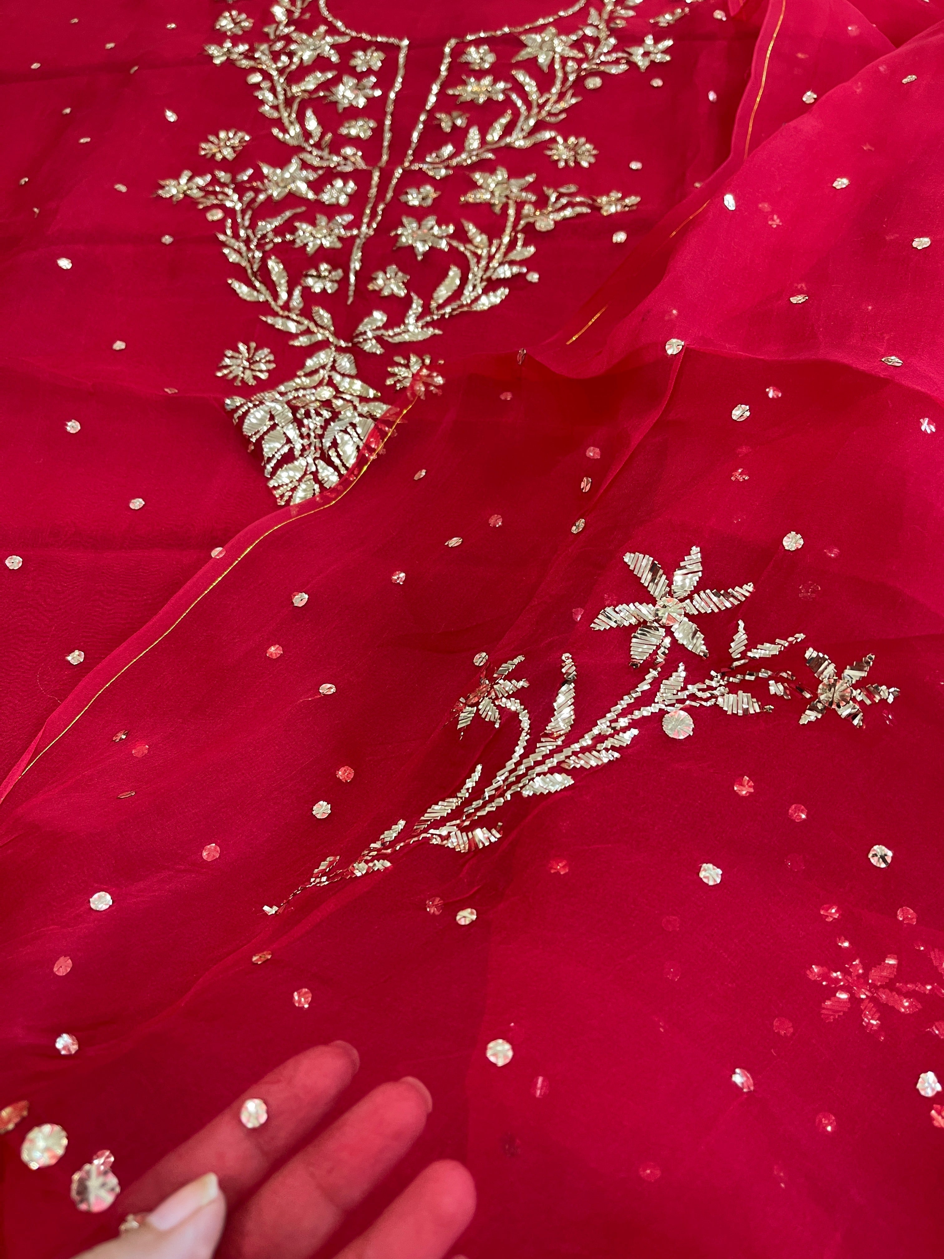 Reddish Maroon Suit Set with Mukaish Badla Handwork in Pure Organza - Masakalee
