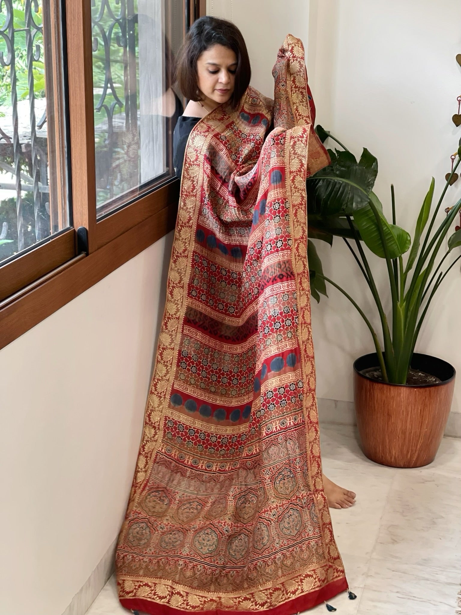 Reddish Rust Ajrakh Handblock Printed Organza Crepe Dupatta with Banarasi Border - Masakalee
