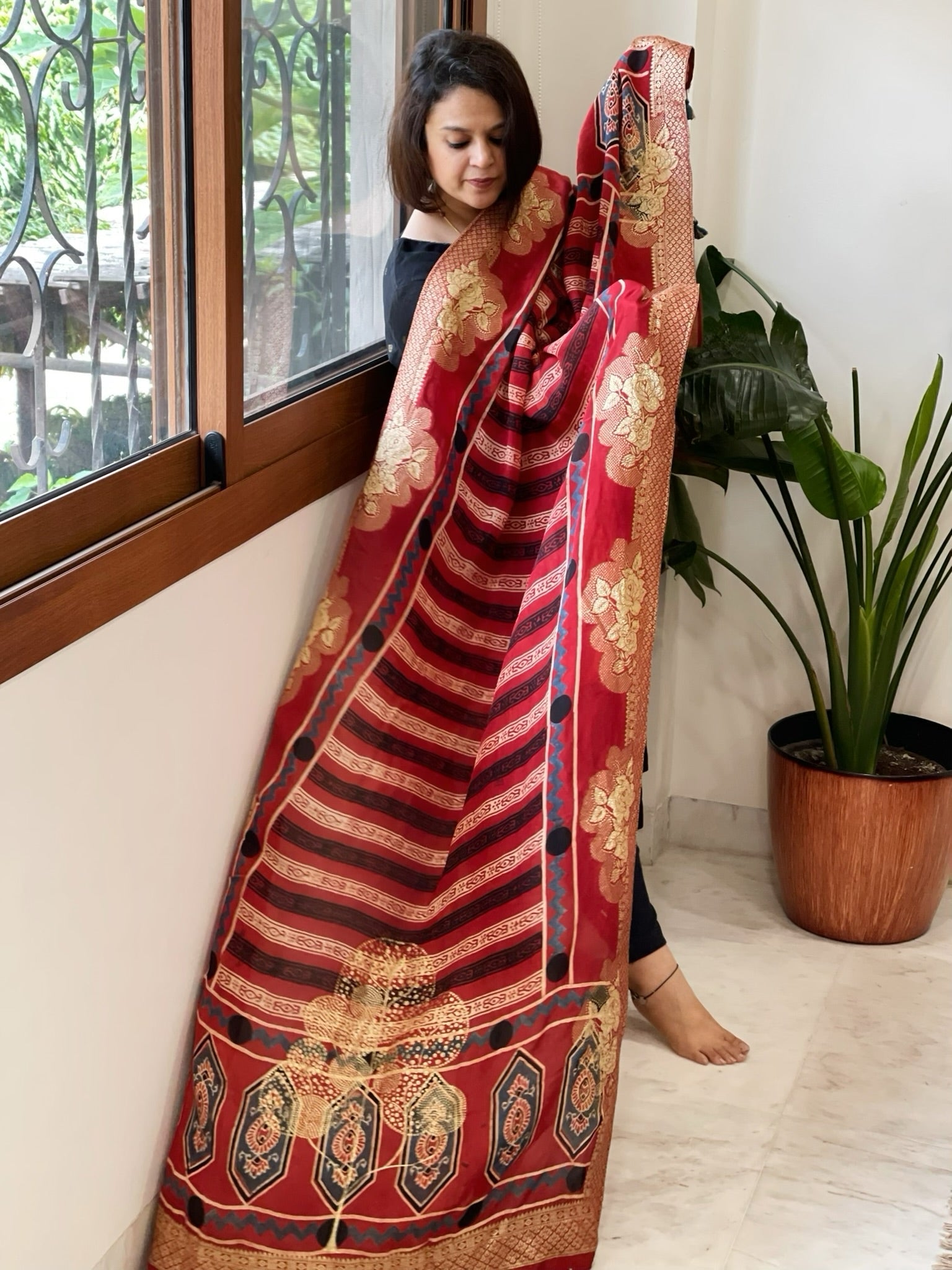 Reddish Rust Ajrakh Handblock Printed Organza Crepe Dupatta with Banarasi Border - Masakalee