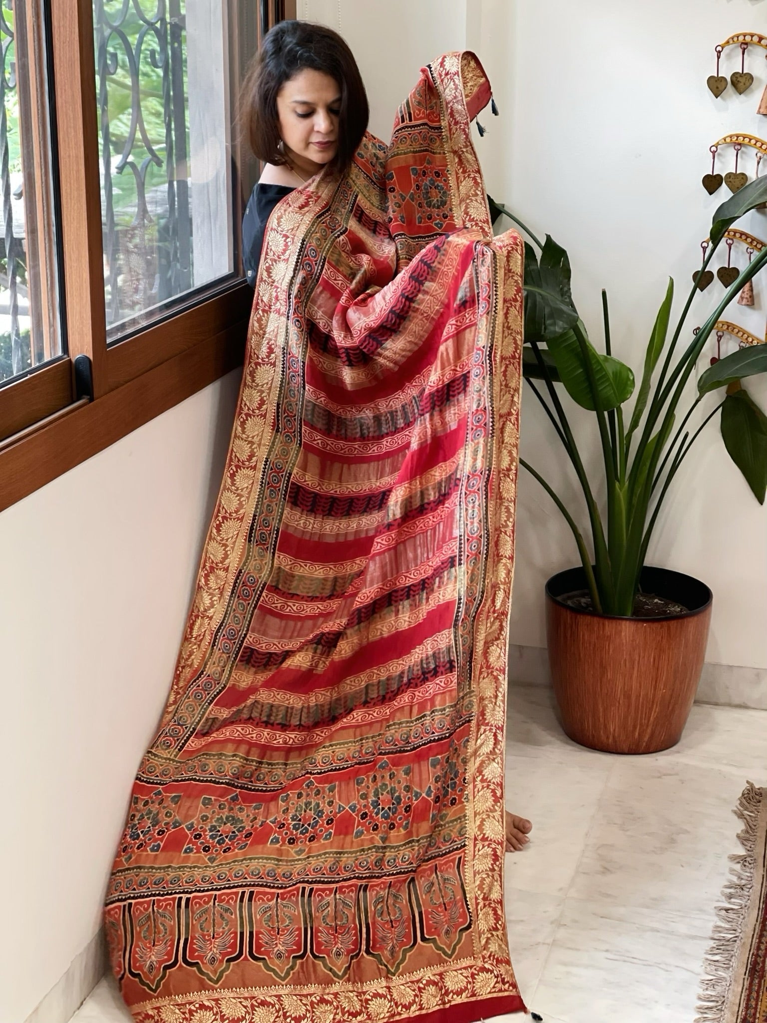 Reddish Rust Ajrakh Handblock Printed Organza Crepe Dupatta with Banarasi Border - Masakalee