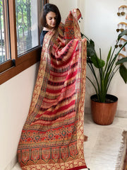 Reddish Rust Ajrakh Handblock Printed Organza Crepe Dupatta with Banarasi Border - Masakalee