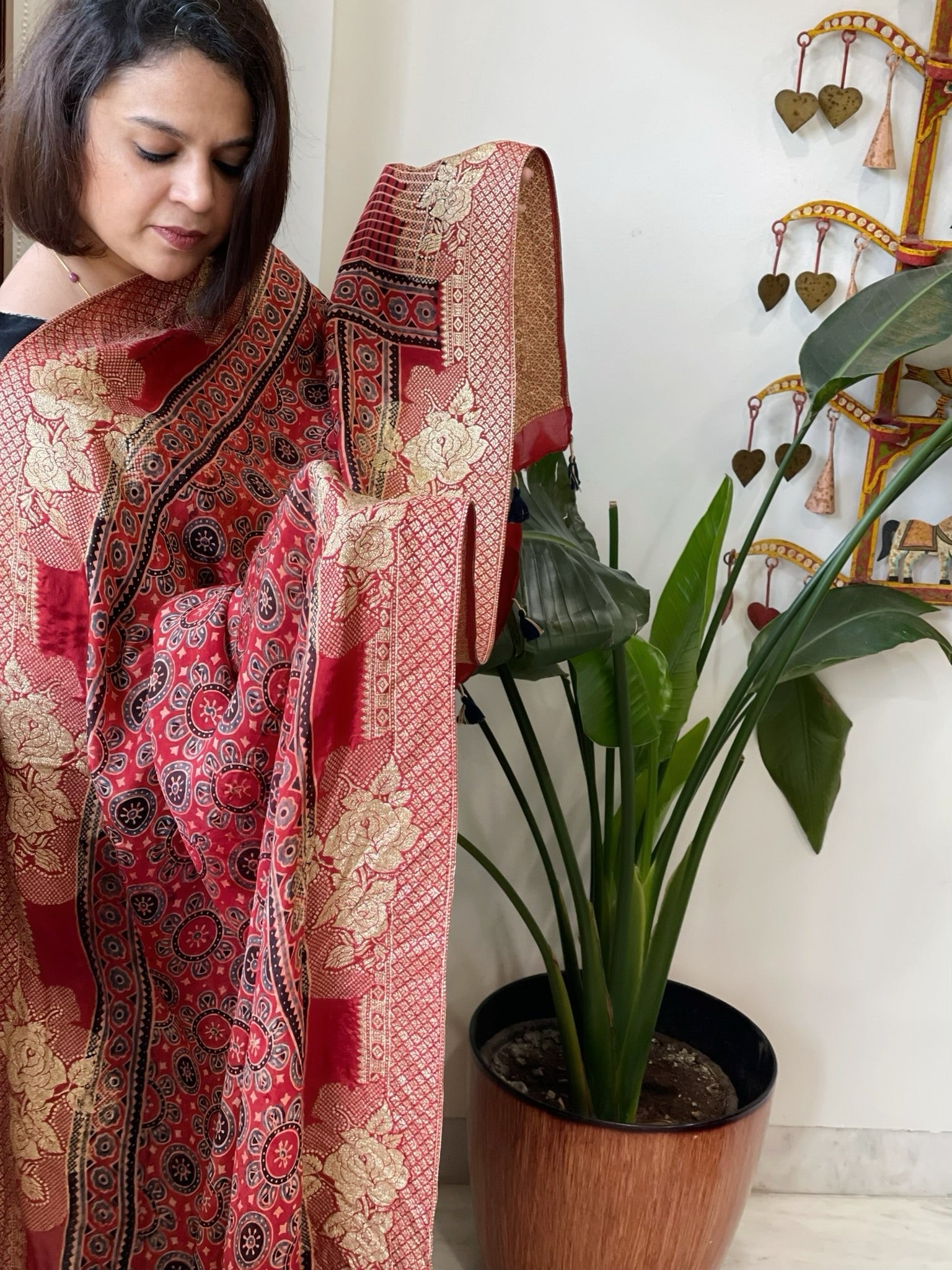Reddish Rust Ajrakh Handblock Printed Organza Crepe Dupatta with Banarasi Border - Masakalee