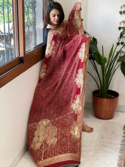 Reddish Rust Ajrakh Handblock Printed Organza Crepe Dupatta with Banarasi Border - Masakalee