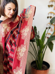 Reddish Rust Ajrakh Handblock Printed Organza Crepe Dupatta with Banarasi Border - Masakalee