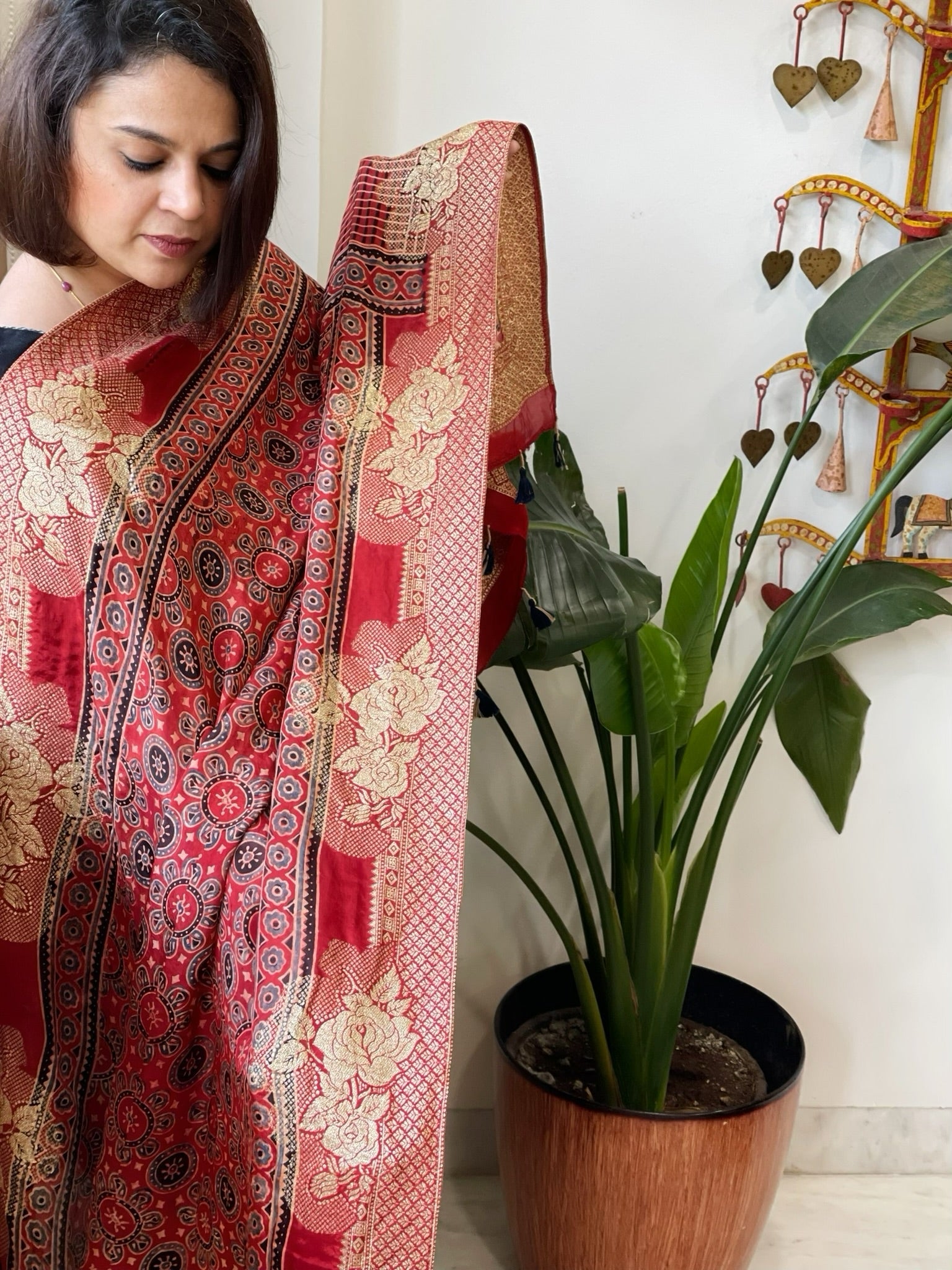 Reddish Rust Ajrakh Handblock Printed Organza Crepe Dupatta with Banarasi Border - Masakalee
