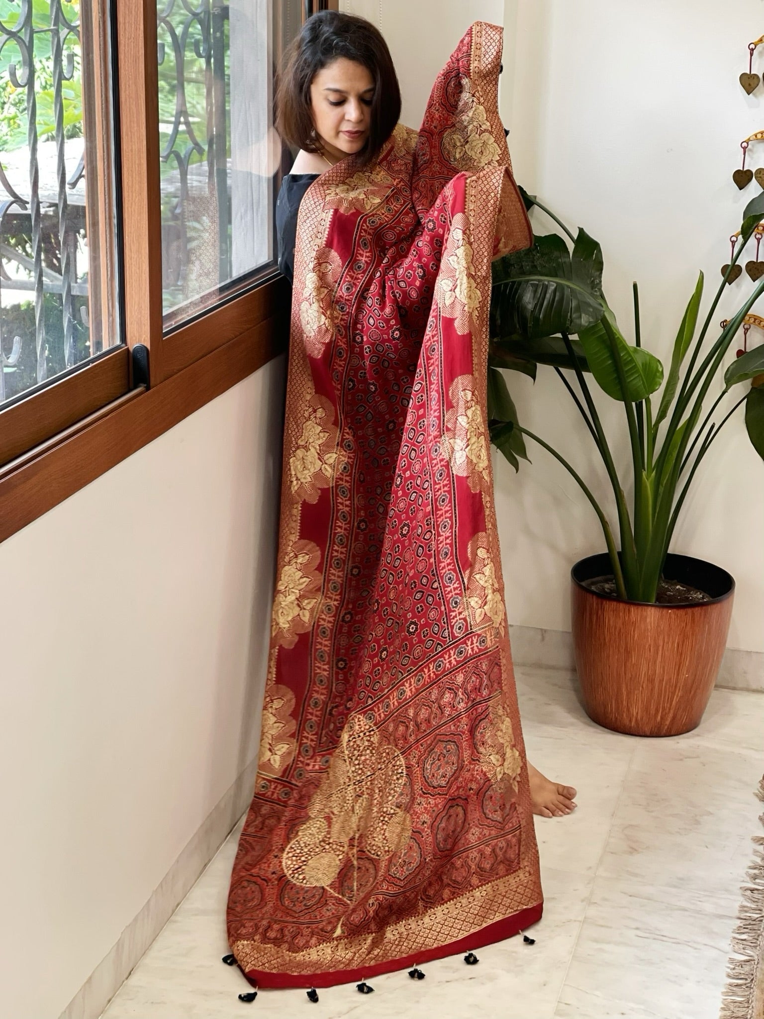 Reddish Rust Ajrakh Handblock Printed Organza Crepe Dupatta with Banarasi Border - Masakalee