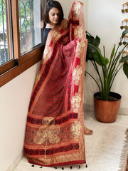 Reddish Rust Ajrakh Handblock Printed Organza Crepe Dupatta with Banarasi Border - Masakalee