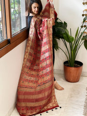 Reddish Rust Ajrakh Handblock Printed Organza Crepe Dupatta with Banarasi Border - Masakalee