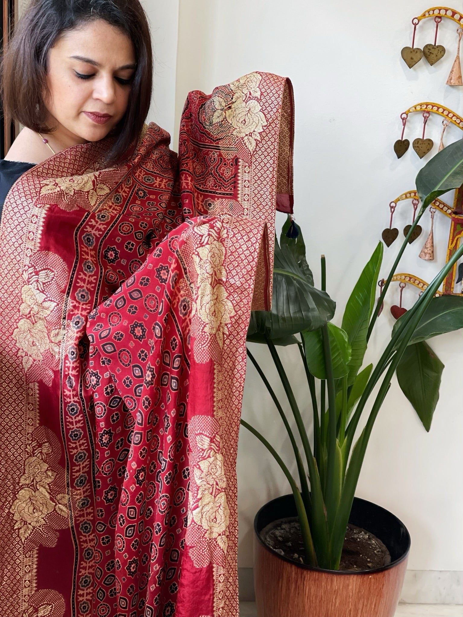 Reddish Rust Ajrakh Handblock Printed Organza Crepe Dupatta with Banarasi Border - Masakalee