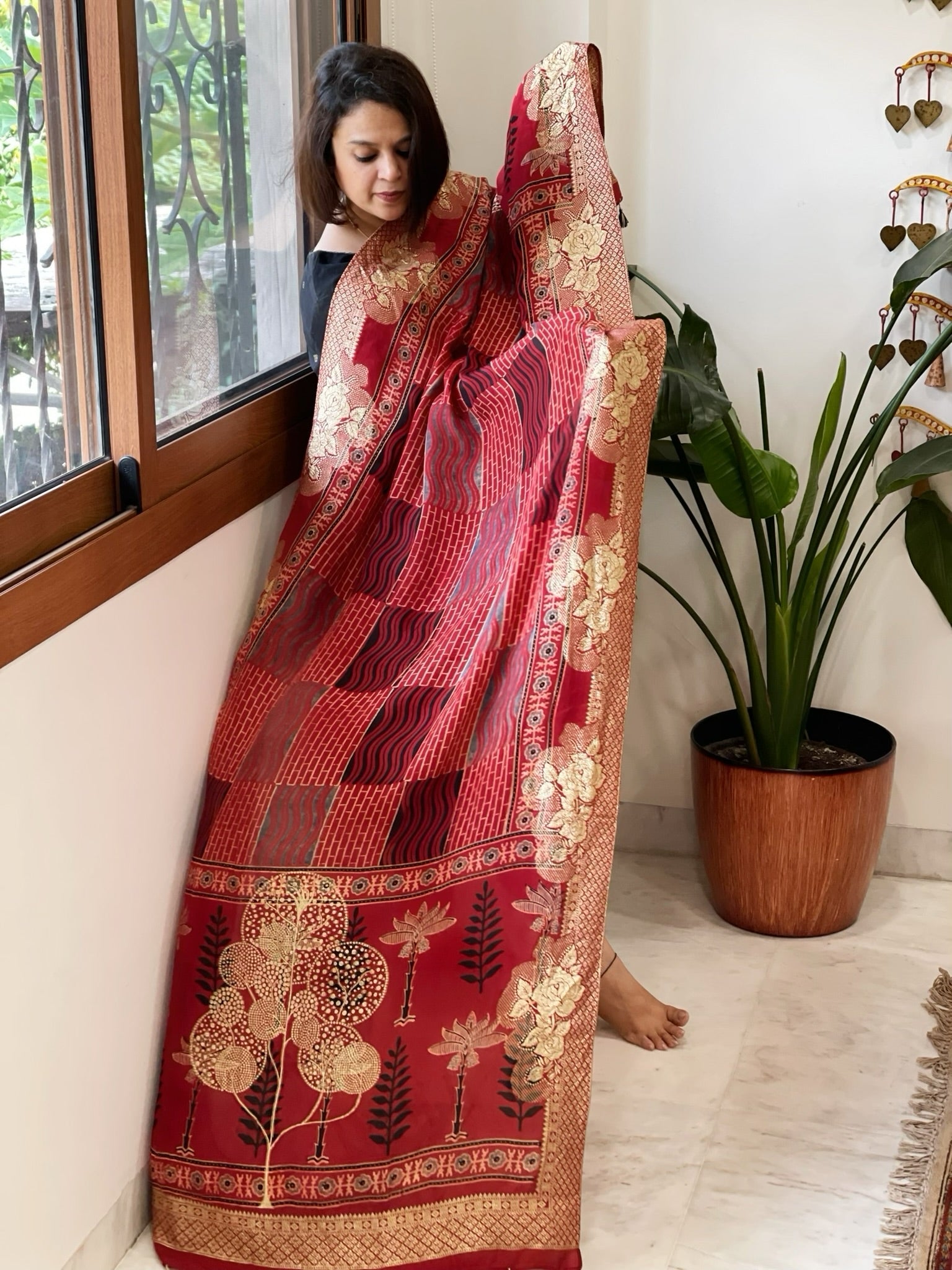Reddish Rust Ajrakh Handblock Printed Organza Crepe Dupatta with Banarasi Border - Masakalee