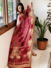 Reddish Rust Ajrakh Handblock Printed Organza Crepe Dupatta with Banarasi Border - Masakalee