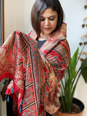 Reddish Rust Ajrakh Handblock Printed Organza Dupatta with Banarasi Border - Masakalee