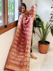 Reddish Rust Ajrakh Handblock Printed Organza Dupatta with Banarasi Border - Masakalee