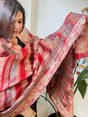 Reddish Rust Ajrakh Handblock Printed Organza Dupatta with Banarasi Border - Masakalee