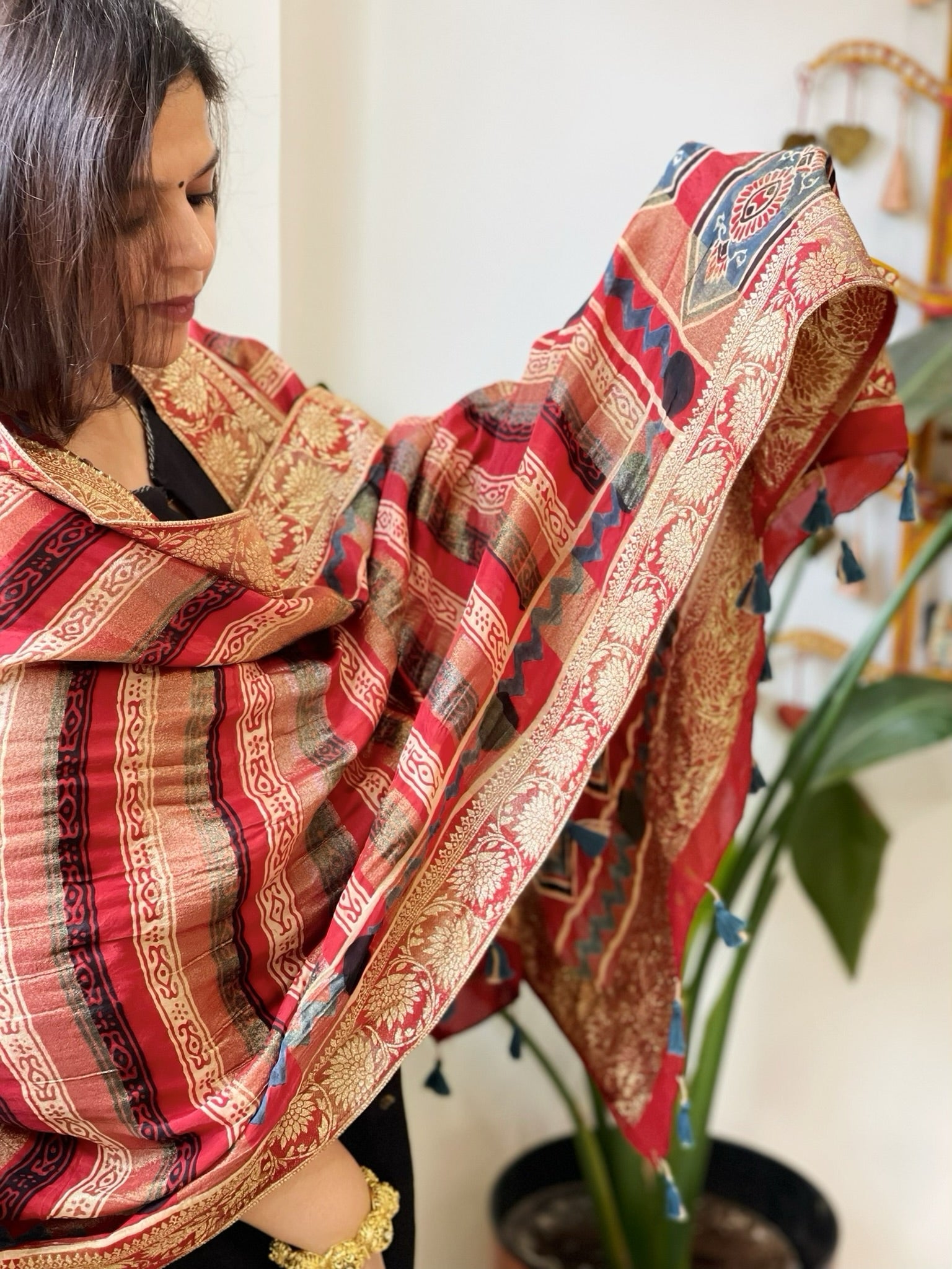 Reddish Rust Ajrakh Handblock Printed Organza Dupatta with Banarasi Border - Masakalee