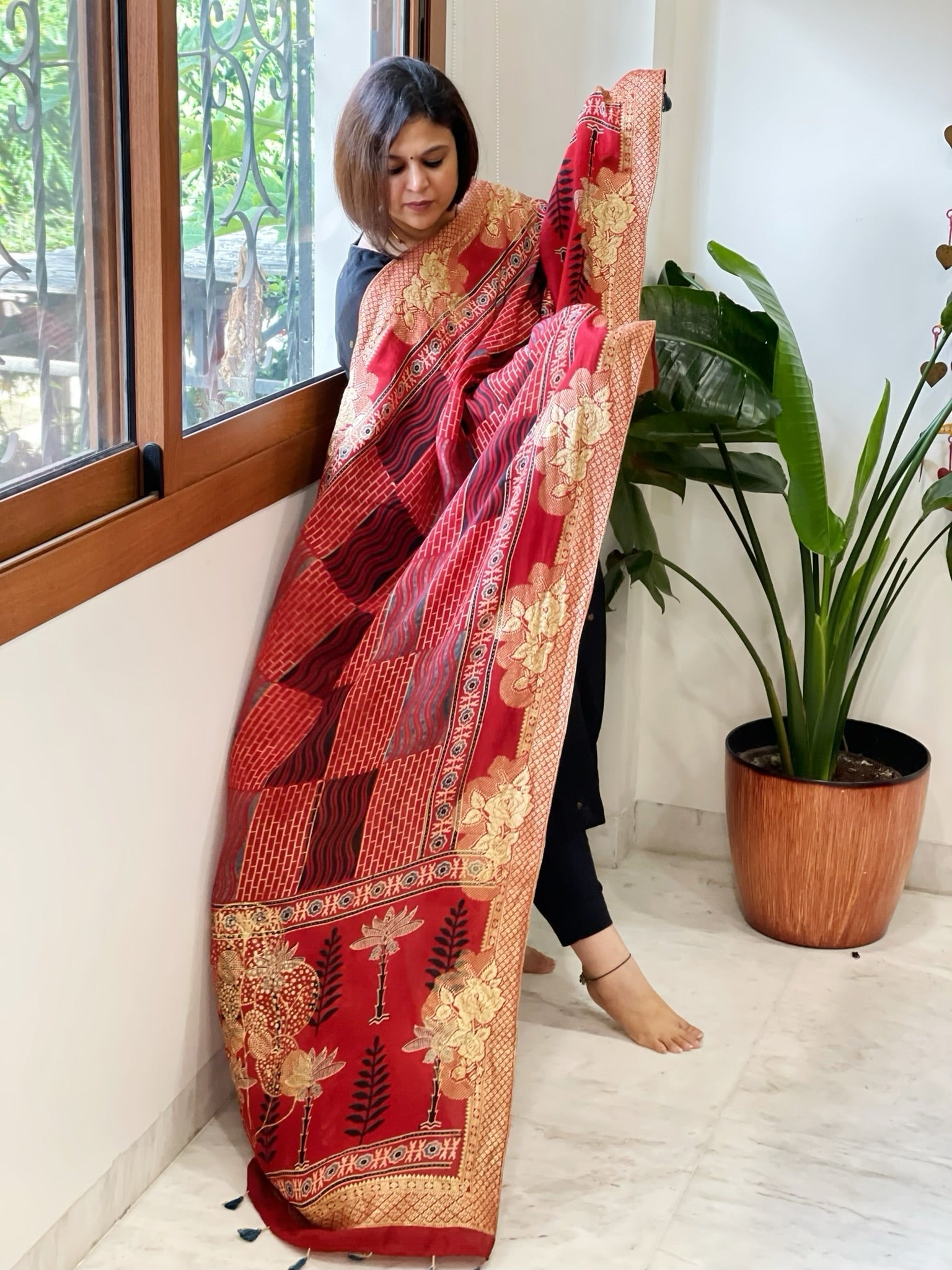 Reddish Rust Ajrakh Handblock Printed Organza Dupatta with Banarasi Border - Masakalee