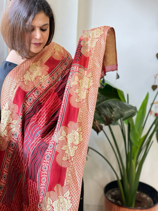 Reddish Rust Ajrakh Handblock Printed Organza Dupatta with Banarasi Border - Masakalee