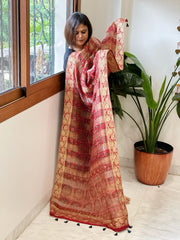 Reddish Rust Ajrakh Handblock Printed Organza Dupatta with Banarasi Border - Masakalee