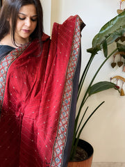 Reddish Rust Handblock Printed Ajrakh Dupatta with Kantha Stitch Hand Embroidery - Masakalee