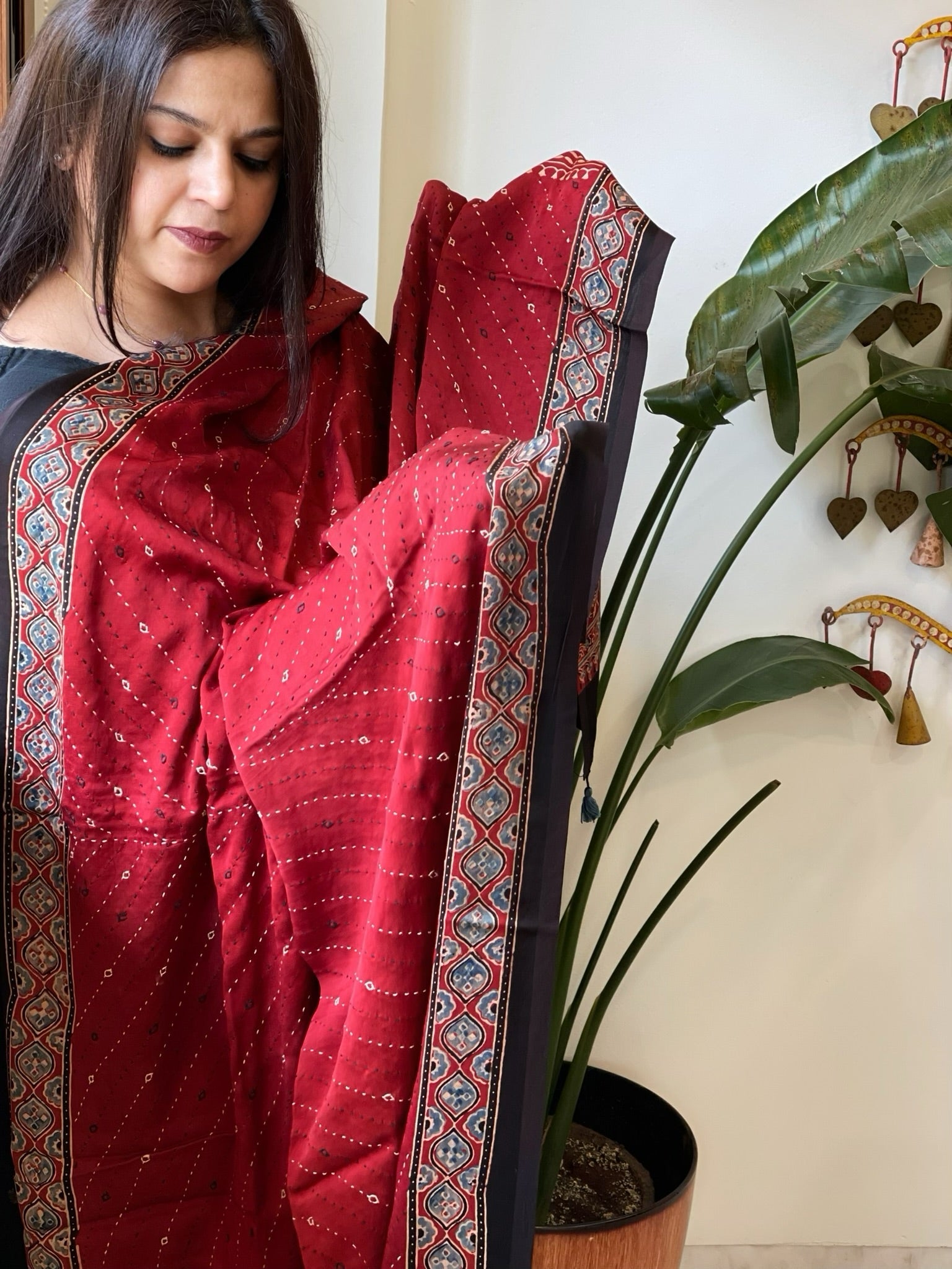 Reddish Rust Handblock Printed Ajrakh Dupatta with Kantha Stitch Hand Embroidery - Masakalee