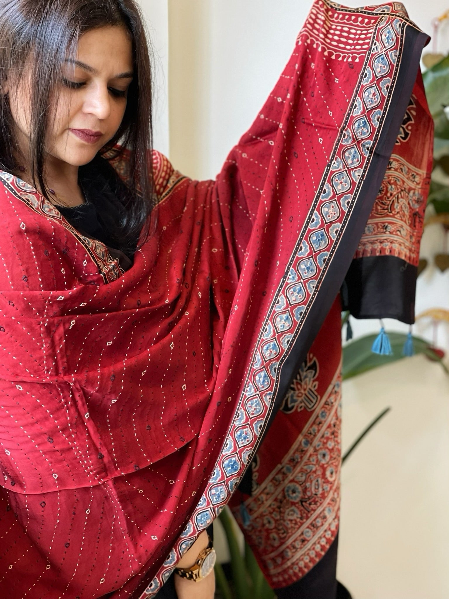 Reddish Rust Handblock Printed Ajrakh Dupatta with Kantha Stitch Hand Embroidery - Masakalee