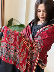Reddish Rust Handblock Printed Ajrakh Dupatta with Kantha Stitch Hand Embroidery - Masakalee