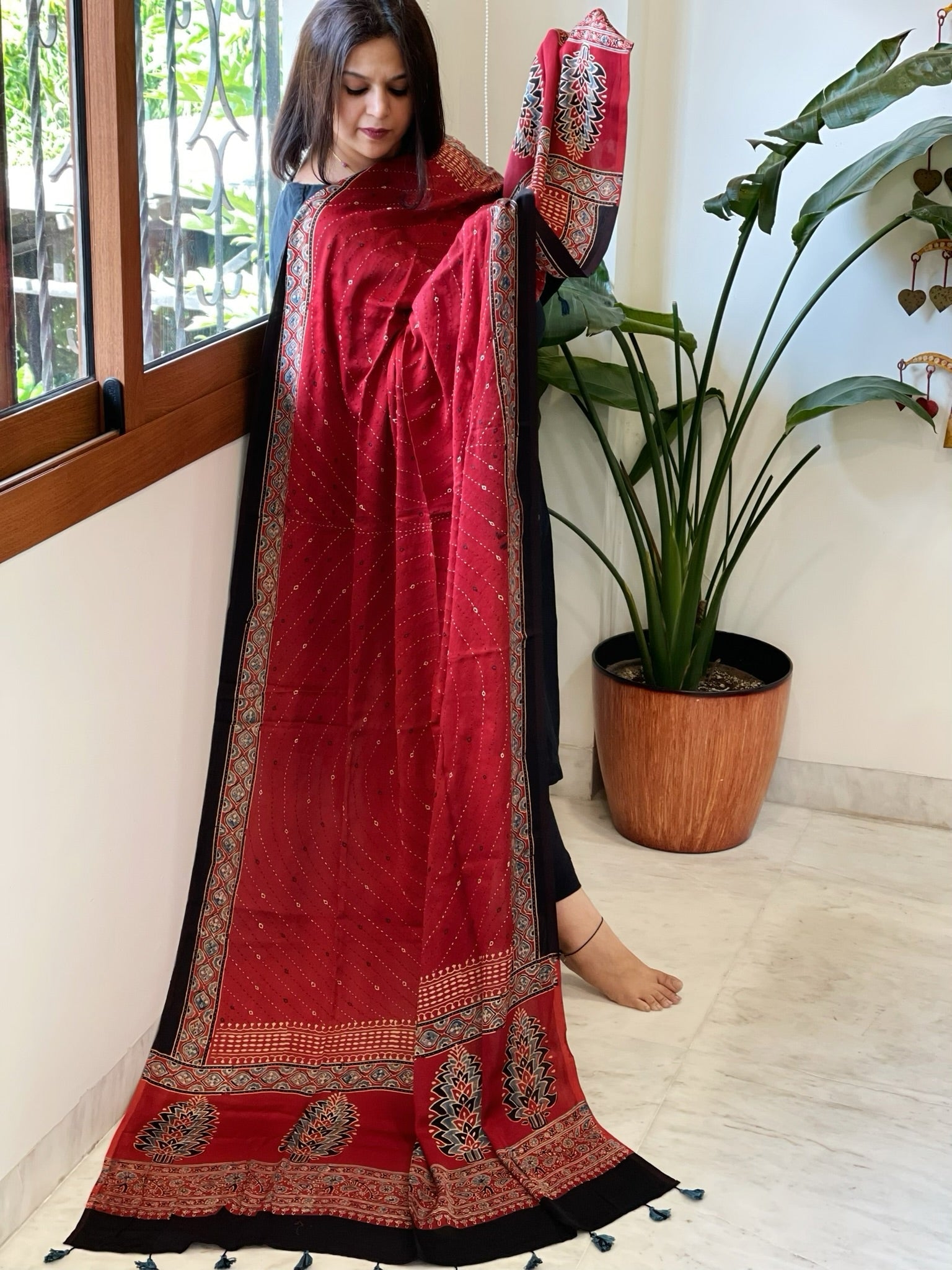 Reddish Rust Handblock Printed Ajrakh Dupatta with Kantha Stitch Hand Embroidery - Masakalee
