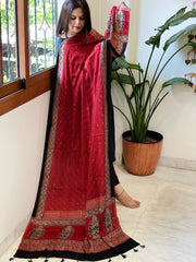 Reddish Rust Handblock Printed Ajrakh Dupatta with Kantha Stitch Hand Embroidery - Masakalee