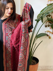 Reddish Rust Handblock Printed Ajrakh Dupatta with Kantha Stitch Hand Embroidery - Masakalee