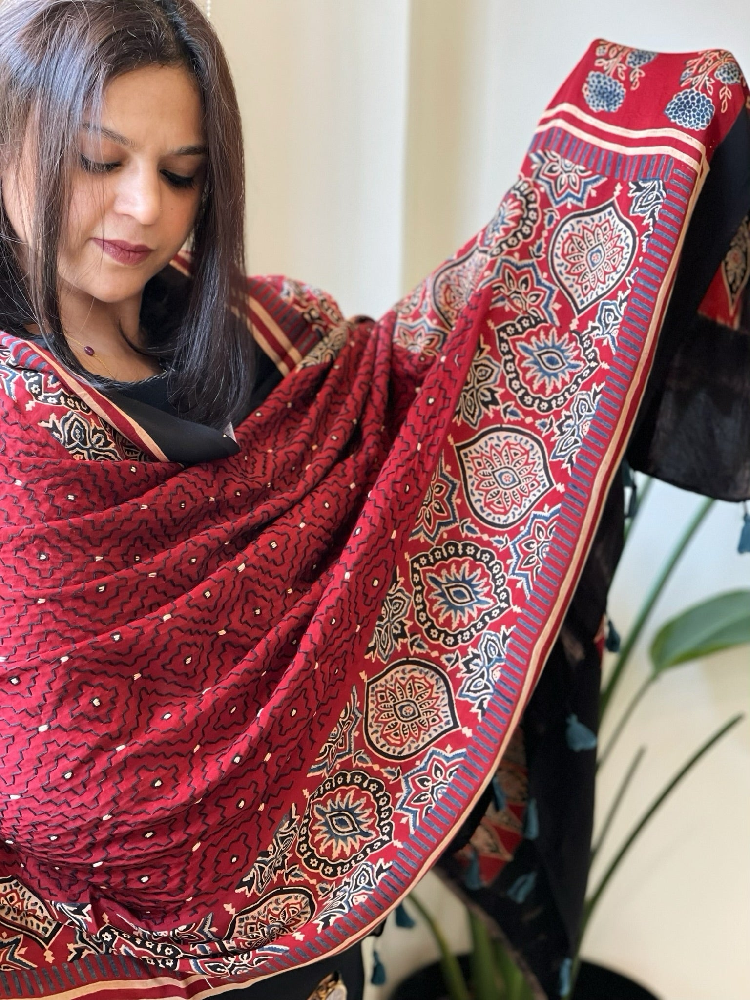 Reddish Rust Handblock Printed Ajrakh Dupatta with Kantha Stitch Hand Embroidery - Masakalee