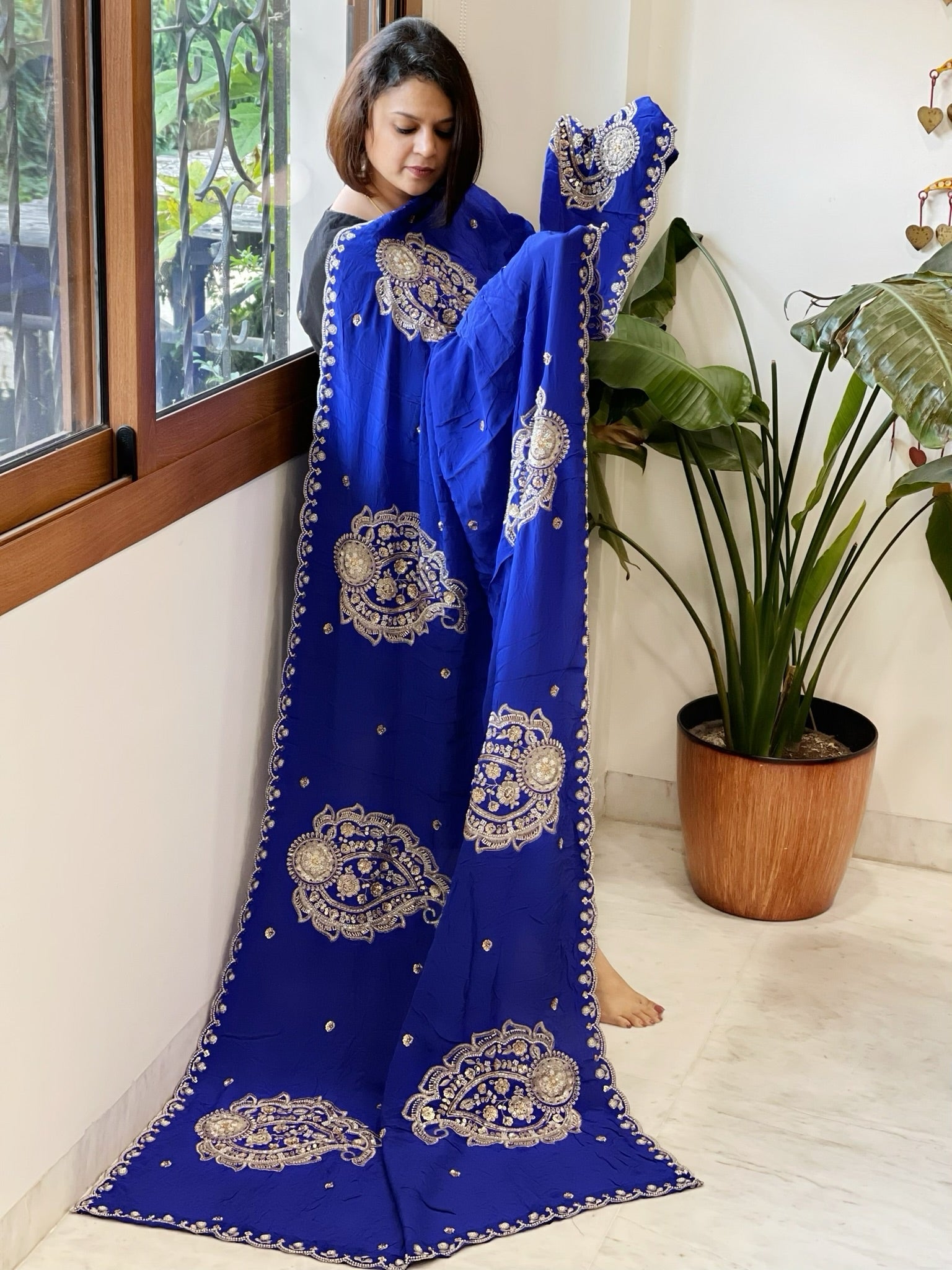 Royal Blue Crepe Dupatta with Pearl, Cut Daana, Gold Thread & Sequin Embroidery - Masakalee
