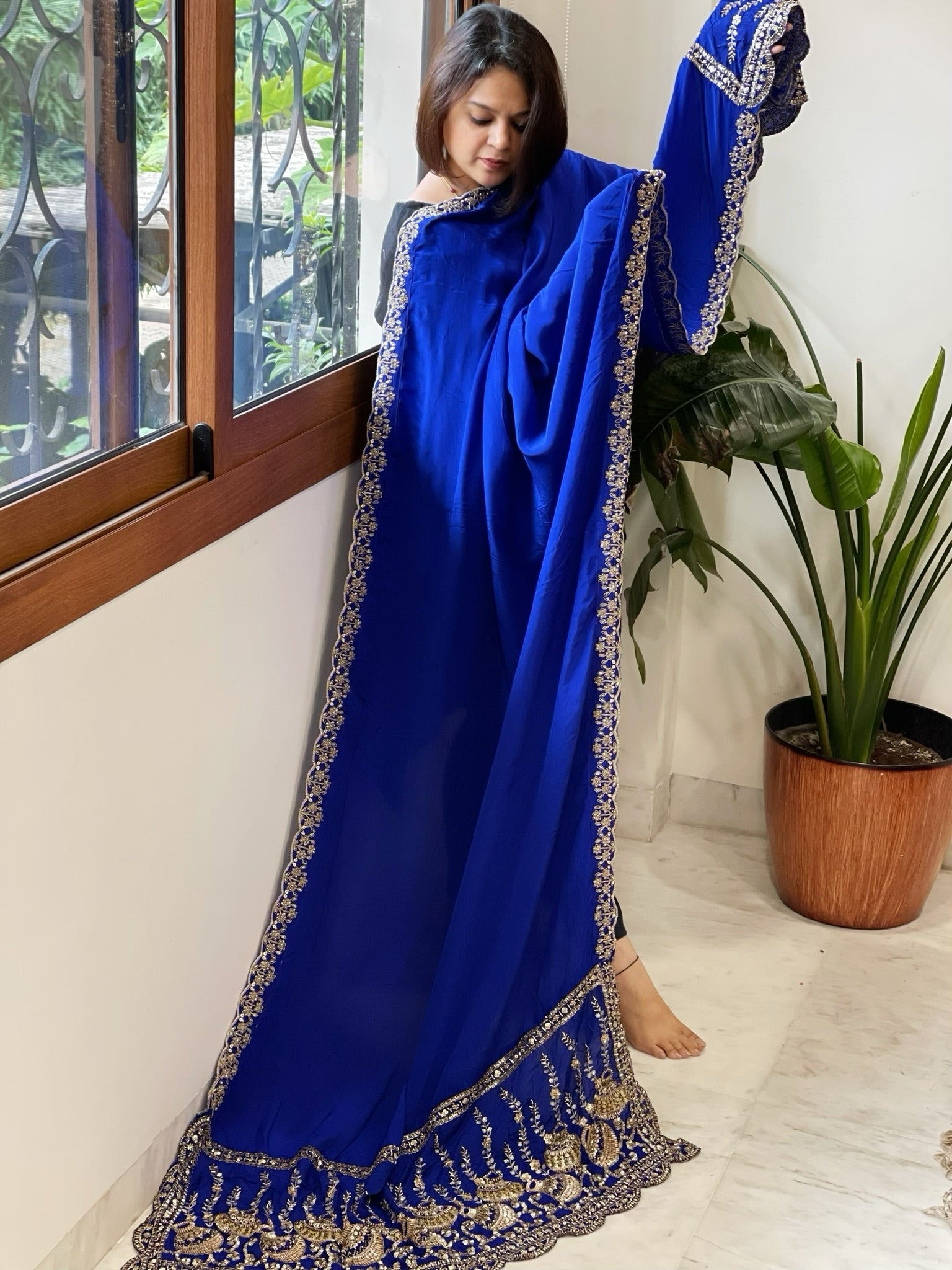 Royal Blue Crepe Dupatta with Pearl, Cut Daana, Gold Thread & Sequin Embroidery - Masakalee