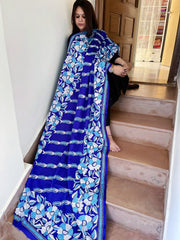 Royal Blue Handmade Nakshi Kantha Dupatta in Pure Silk - Masakalee