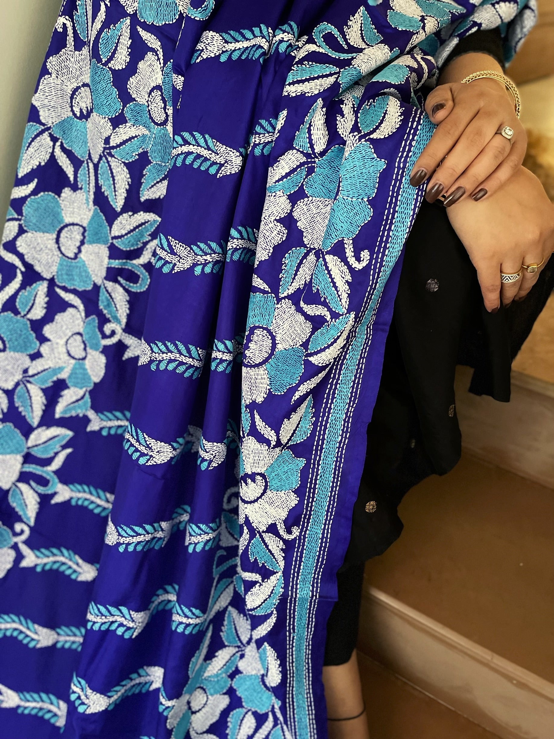 Royal Blue Handmade Nakshi Kantha Dupatta in Pure Silk - Masakalee