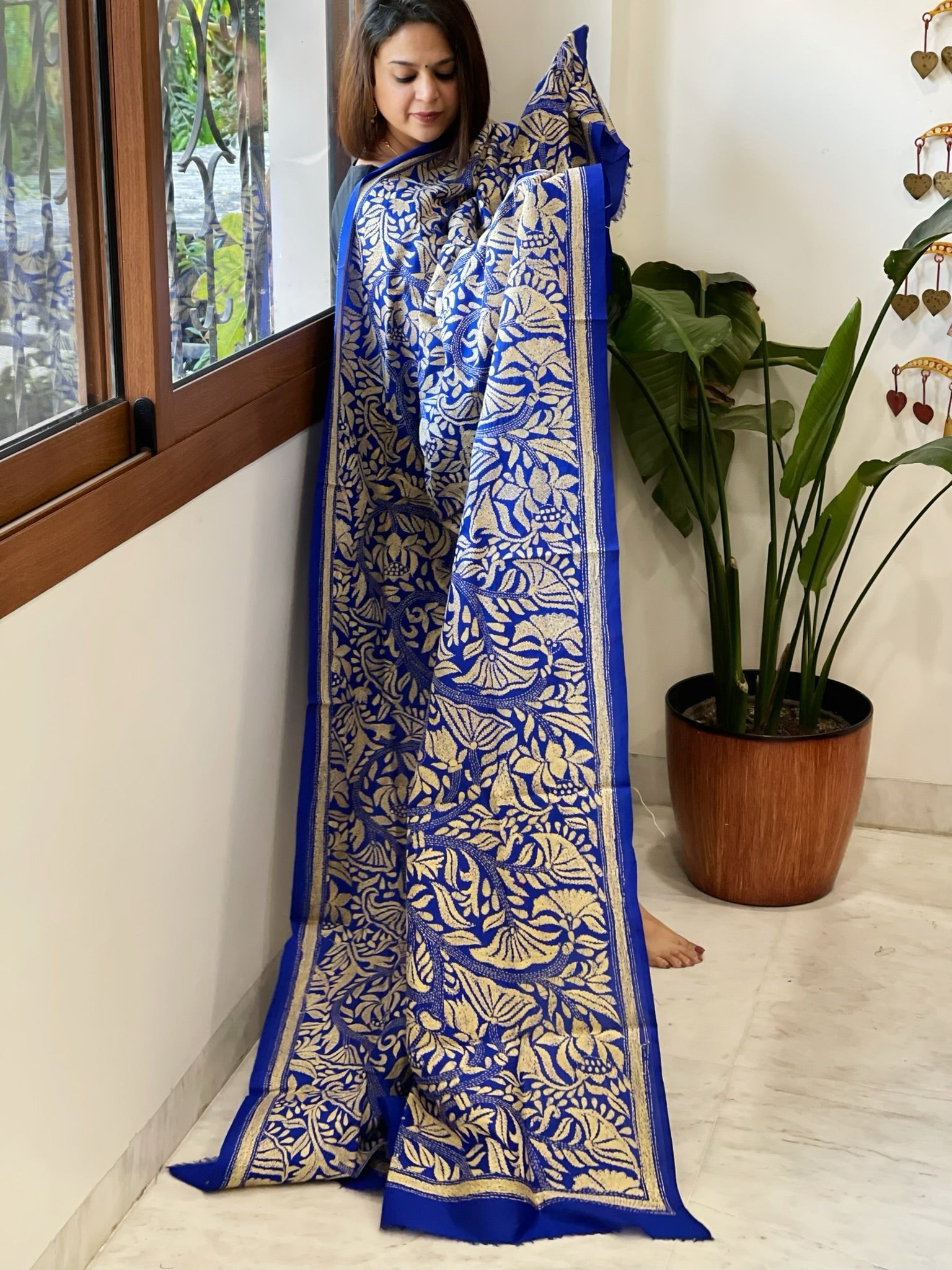Royal Blue Handmade Nakshi Kantha Dupatta in Pure Silk - Masakalee