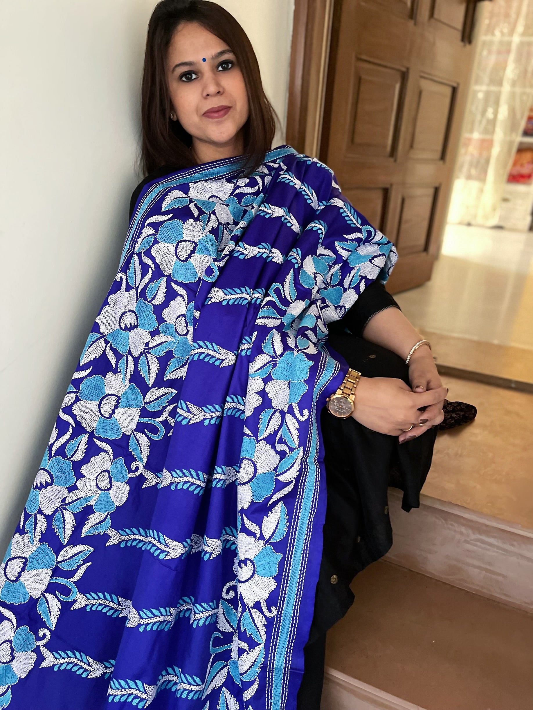 Royal Blue Handmade Nakshi Kantha Dupatta in Pure Silk - Masakalee