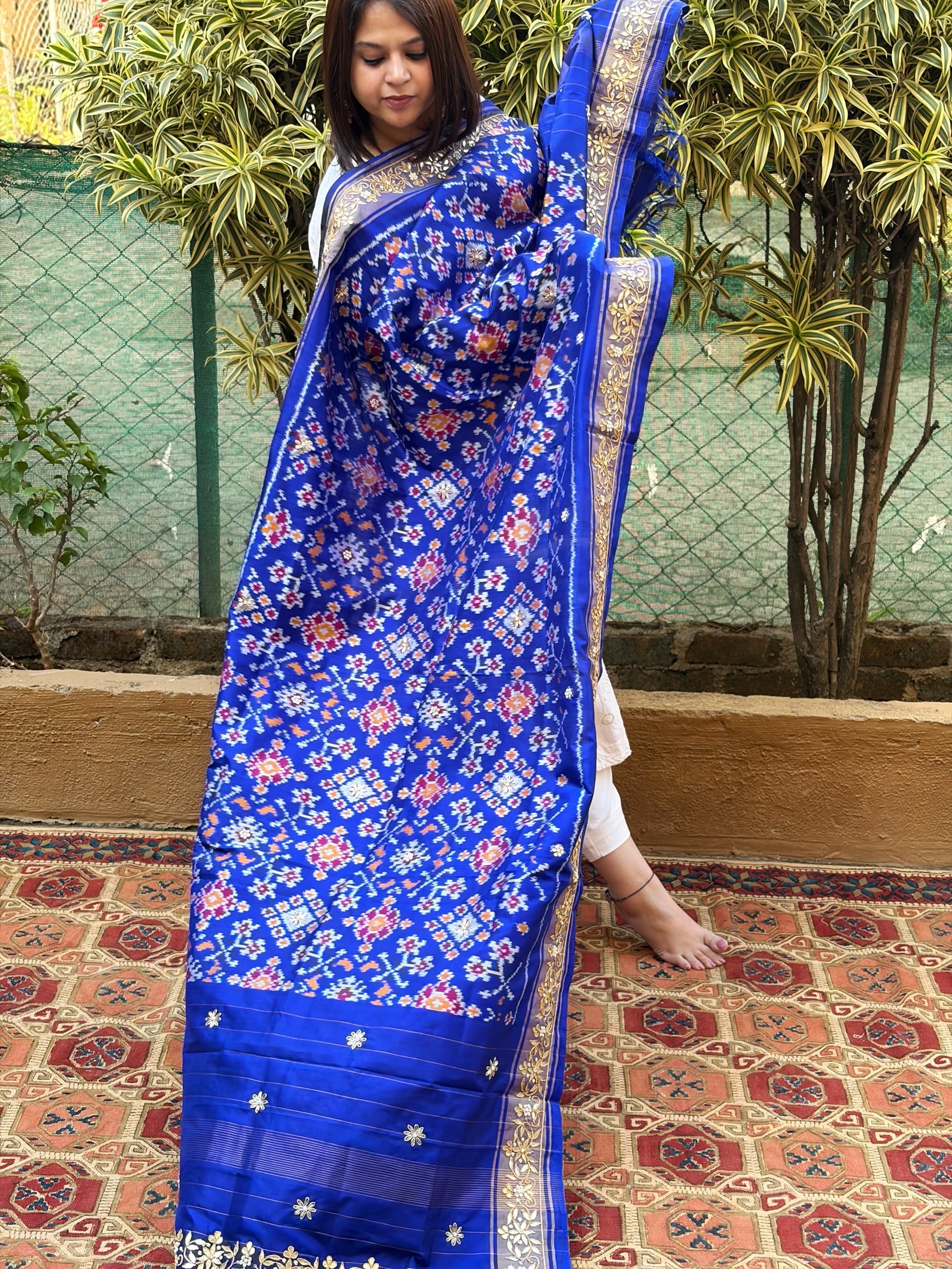 Royal Blue Handwoven Ikat Patola with Gotapatti & Pearl Handwork dupatta in Pure Silk - Masakalee