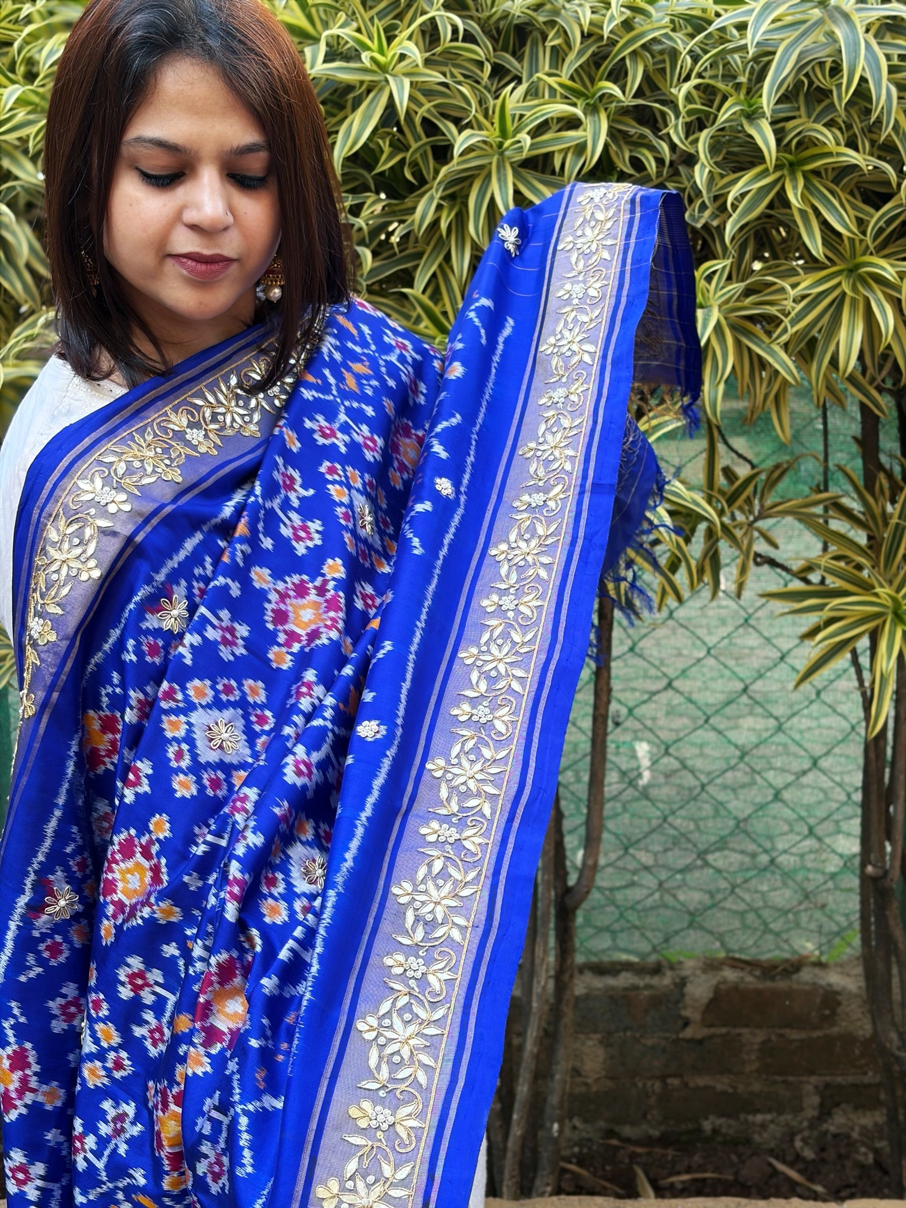 Royal Blue Handwoven Ikat Patola with Gotapatti & Pearl Handwork dupatta in Pure Silk - Masakalee