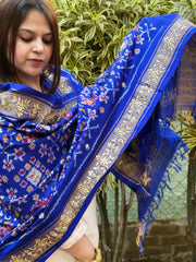 Royal Blue Handwoven Ikat Patola with Gotapatti & Pearl Handwork dupatta in Pure Silk - Masakalee
